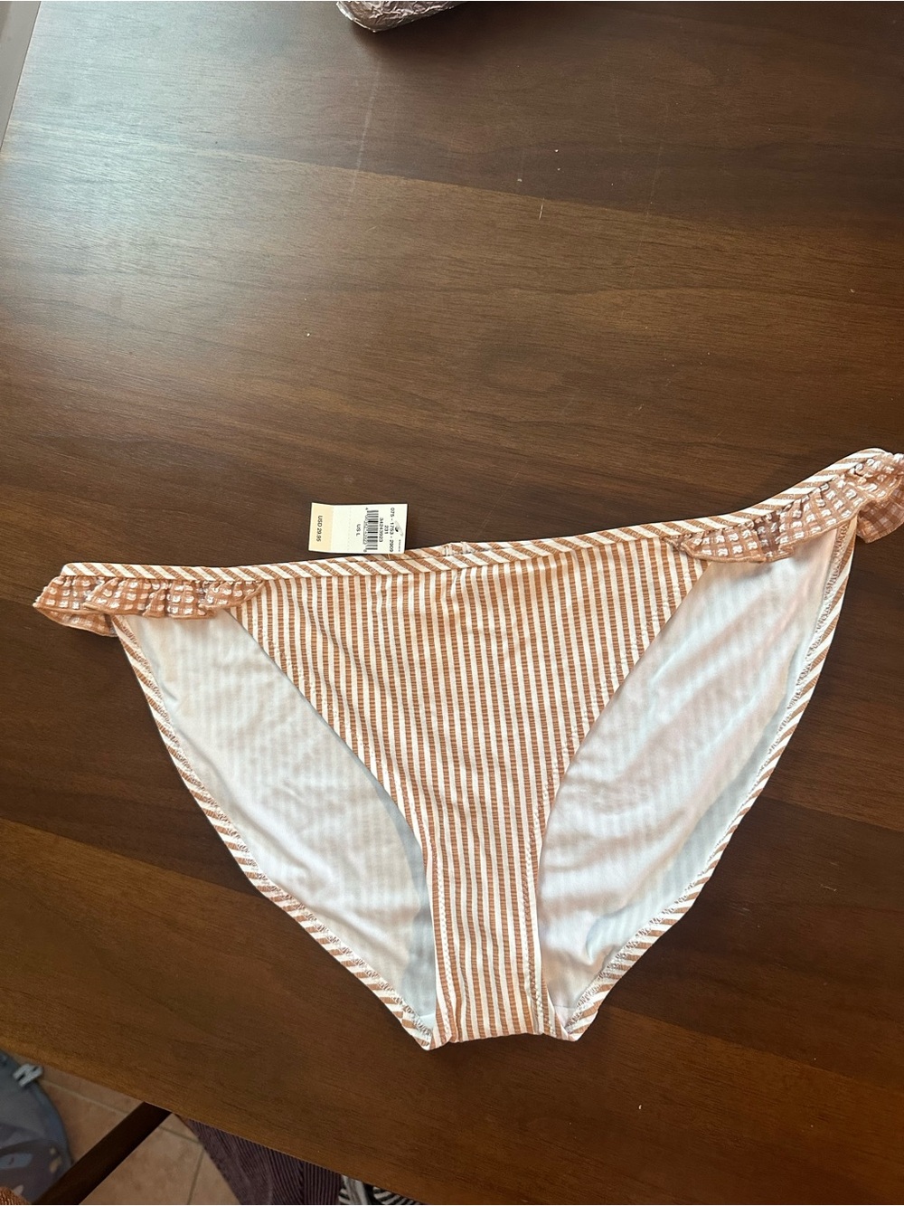 NWT Aerie Swim Bikini Bottom Hipster Brief Seersucker Ruffle Striped Brown White